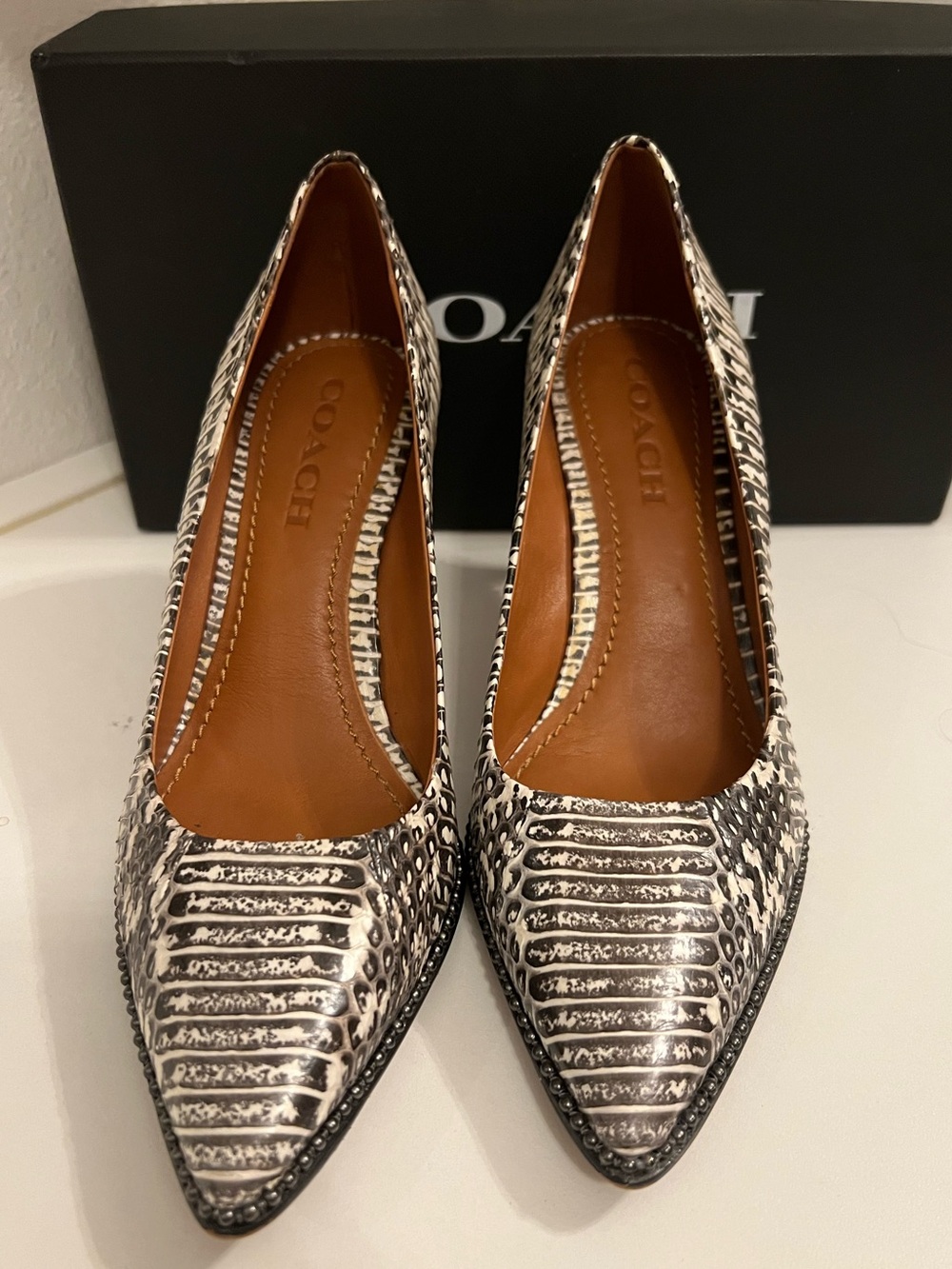 Coach Black and White Textured Pointed-Toe Pumps